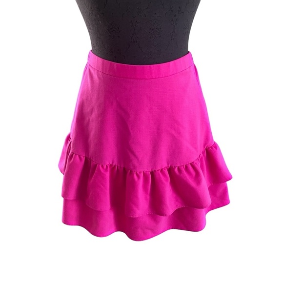 J Crew Bright Pink Tiered Ruffled Wool Mini Skirt Size 2 - Picture 1 of 7